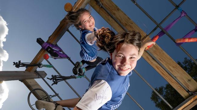 Jordyn Stevens (8) and sister Charli (12) have qualified for the Australian Ninja Warrior team - competing in the junior world champs in the US in July. Picture: Tony Gough