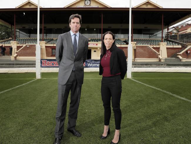 AFL CEO Gillon McLachlan and AFL Tasmania CEO Trisha Squires at North Hobart Oval. Picture: RICHARD JUPE