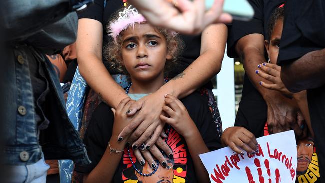 Members of Kumanjayi Walker's family gathered on the steps of the Supreme Court in Darwin following the jury’s not guilty verdict. Picture: (A)manda Parkinson