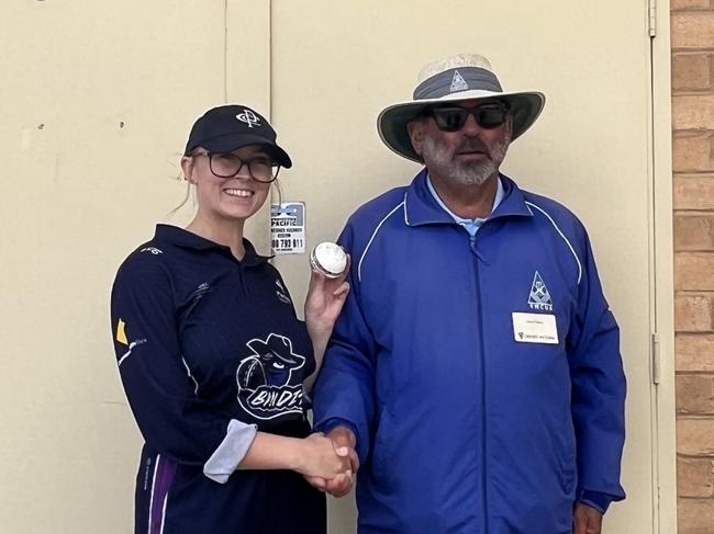 Parkfield's Jordan Hill is presented the match ball by the umpire after her haul of 7-11 that included a triple hat-trick. Picture: Supplied.