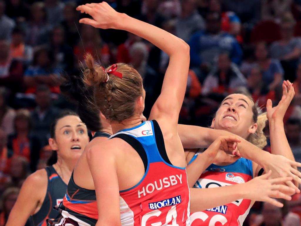 Garbin (right) was stuck third in the shooting line behind Helen Housby and Maddy Turner in the Swifts squad. Picture: Mark Evans/Getty Images