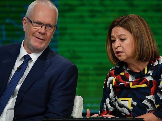 Former ABC managing director Michelle Guthrie (right) and ABC Chairman Justin Milne during the ABC Annual Public Meeting in Sydney earlier this year. Picture: AAP