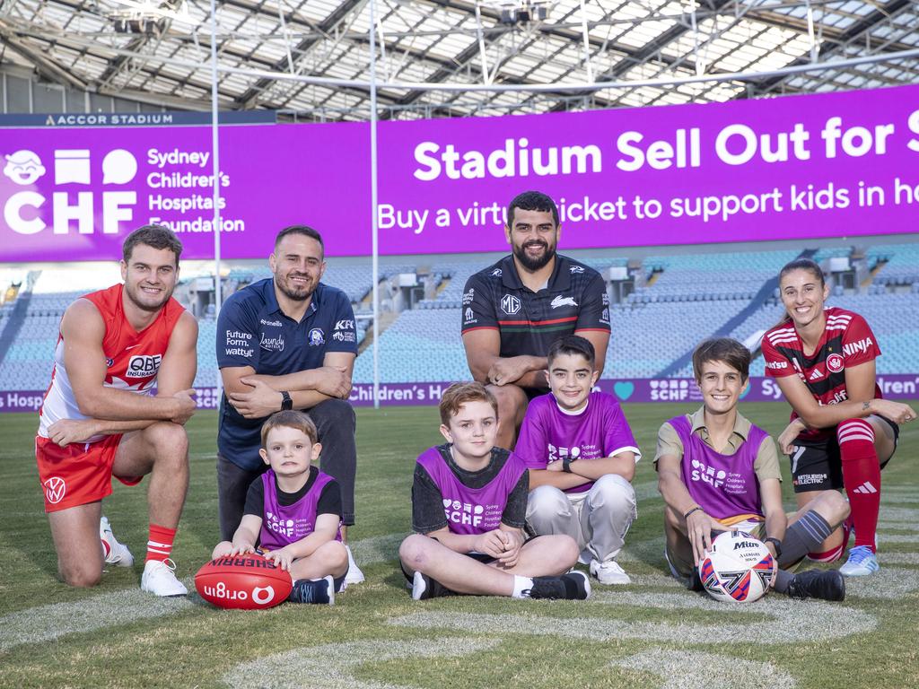 (Back Row) Tom Papley, Josh Reynolds, Shaq Mitchell and Amy Harrison with (front row) Harry Hawkins, Will Hawkins, Hassan El Helou and Artaban de Lacharriere. Picture: Christian Gilles / NewsWire