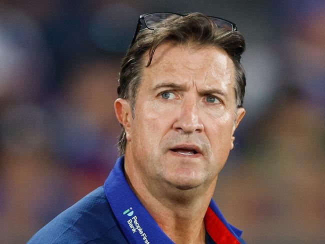 MELBOURNE, AUSTRALIA - MARCH 31: Luke Beveridge, Senior Coach of the Bulldogs looks on during the 2024 AFL Round 03 match between the Western Bulldogs and the West Coast Eagles at Marvel Stadium on March 31, 2024 in Melbourne, Australia. (Photo by Dylan Burns/AFL Photos via Getty Images)