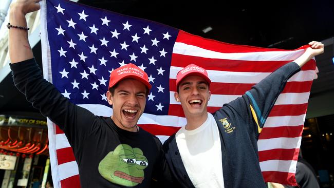 Trump supporters Lucas Di Cicco and American Lance Conway at a US election party at the Cheers Bar in Sydney. Picture: NCA NewsWire/Bianca De Marchi