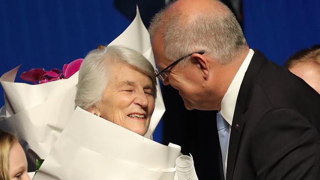 NEWS2019ELECTION 12/05/2019. DAY 32 The Liberal Campaign Launch at the Melbourne Convention Centre.  Prime Minister Scott Morrison with flowers for his wife Jenny, and mother Marion Morrison, with his daughters Lily and Abbey.  Picture: Alex Coppel.