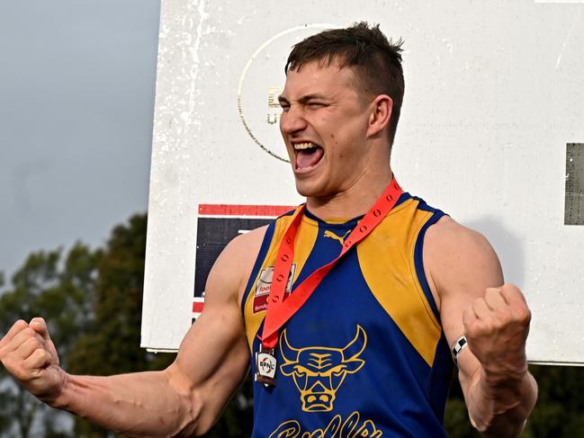 Noble Park captain Kyle Martin celebrates after winning the EFL Premier Division Grand Final between Rowville and Noble Park in Melbourne, Saturday, Sept. 17, 2022. Picture: Andy Brownbill