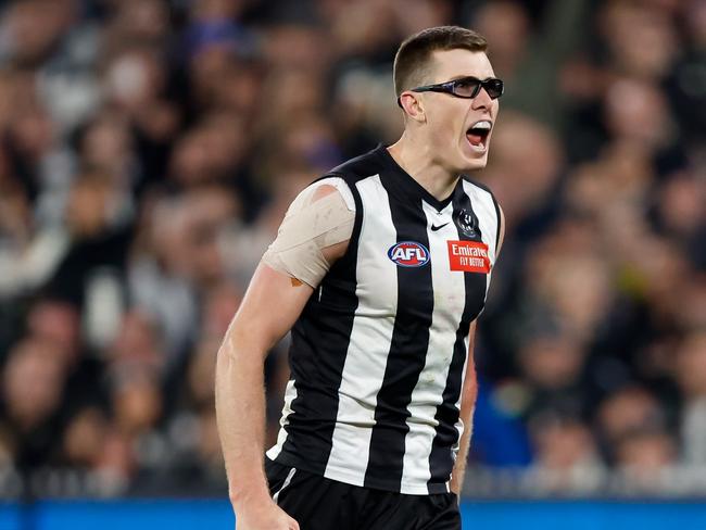 MELBOURNE, AUSTRALIA - SEPTEMBER 22: Mason Cox of the Magpies celebrates a goal during the 2023 AFL First Preliminary Final match between the Collingwood Magpies and the GWS GIANTS at Melbourne Cricket Ground on September 22, 2023 in Melbourne, Australia. (Photo by Dylan Burns/AFL Photos via Getty Images)