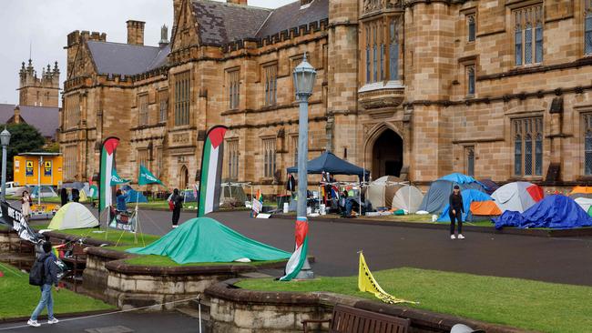 A pro-Palestine tent camp on the lawn of Sydney University. Picture: NewsWire / Max Mason-Hubers