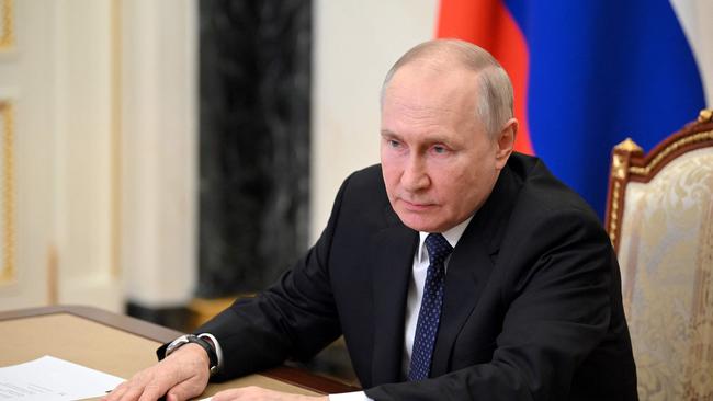 Russian President Vladimir Putin at a meeting on the Crimean bridge attack via a video link at the Kremlin in Moscow this week. Picture: Sputnik/AFP