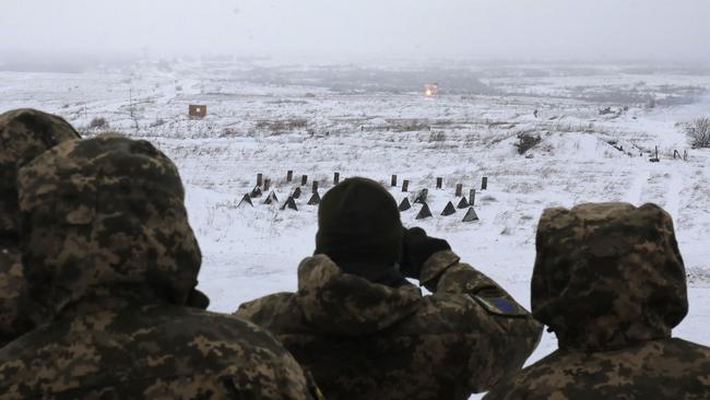 Ukrainian Military Forces servicemen attend a military drill. Picture: AFP.