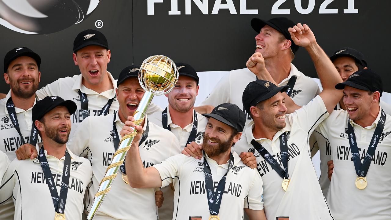Kane Williamson and New Zealand with the World Test Championship mace. Photo by Alex Davidson/Getty Images