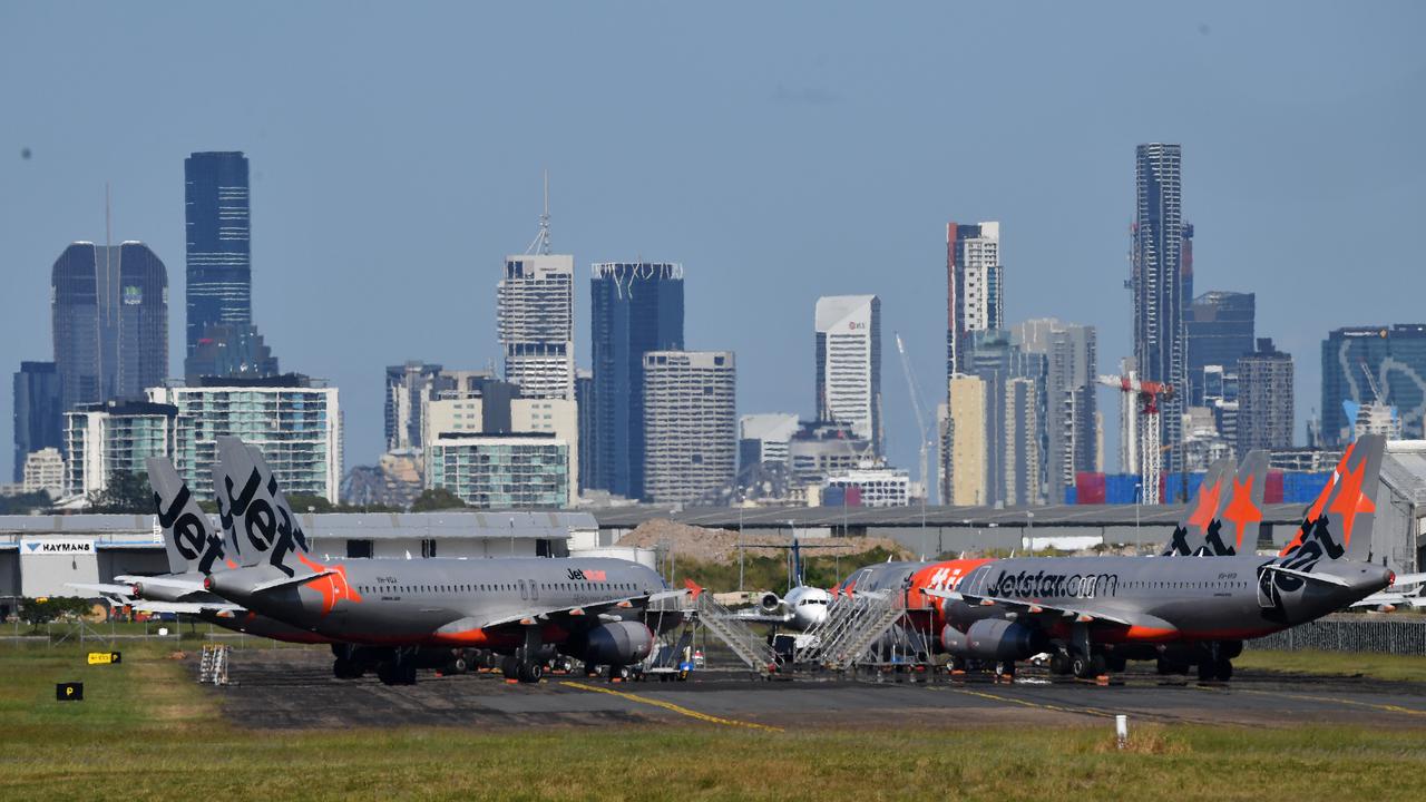 Grounded Jetstar Airways aircraft parked at Brisbane Airport. Picture: Darren England/AAP