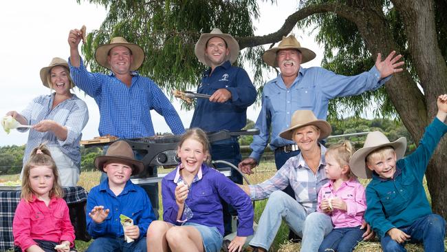 Victorian Beef and Lamb farmers Brian and Chris Kyle with their children and grandchildren on their Lower Tarwin farm. Picture: Nicki Connolly