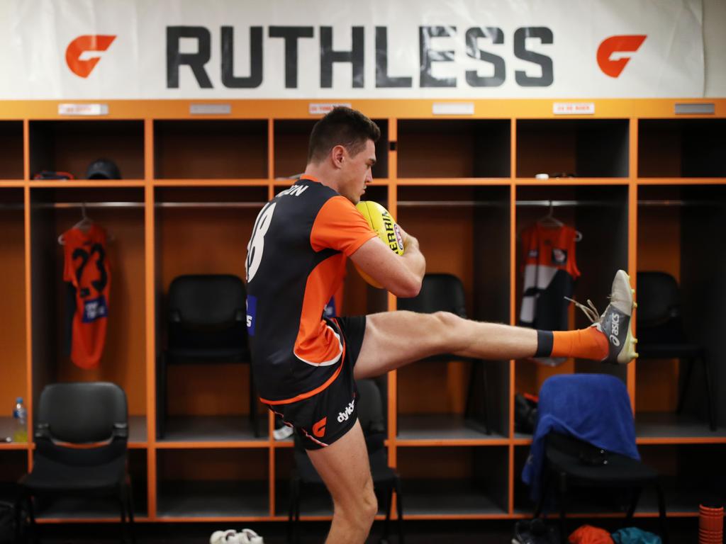 Jeremy Cameron stretching pre game. Picture: Phil Hillyard