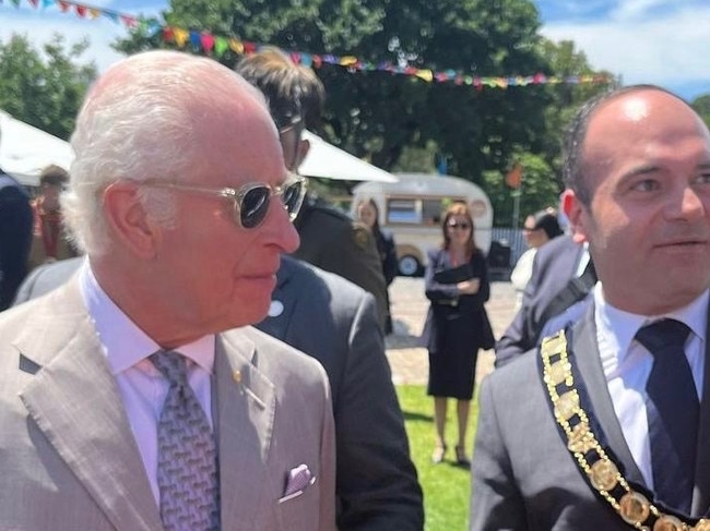 King Charles with Parramatta Lord Mayor Martin Zaiter at Parramatta Park for the invitation-only community barbecue.