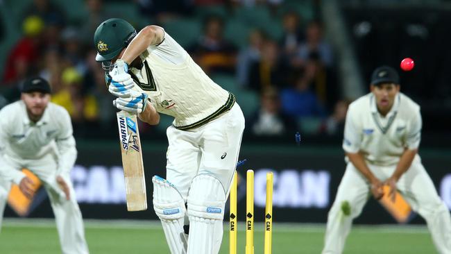 Joe Burns is bowled in last summer’s Test against New Zealand. Photo Sarah Reed.