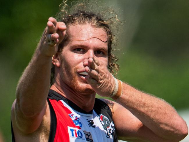 Jed Anderson celebrating a goal for Southern Districts against PINT  in Round 4 of the 2024-25 NTFL season. Picture: Pema Tamang Pakhrin