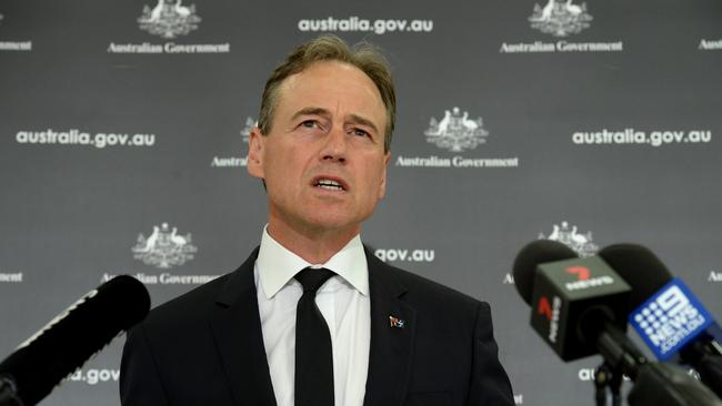 Federal Health Minister Greg Hunt addresses the media at Mount Martha LSC, south of Melbourne, Victoria. Picture: NCA NewsWire / Andrew Henshaw