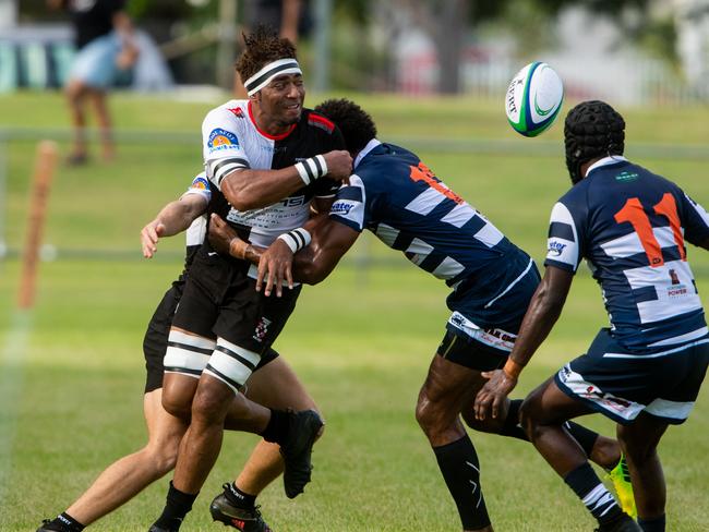 University Pirates’ Wise Sekitoga feeds the ball back. Picture: Che Chorley