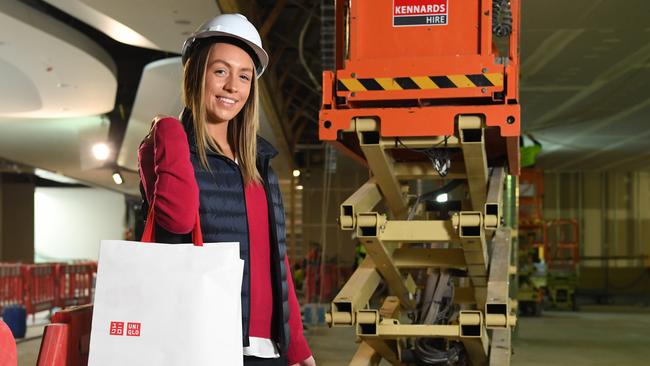 Model Jessica Sloup at the Uniqlo construction site at The Glen shopping centre. Picture: James Ross