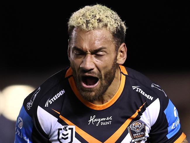 SYDNEY, AUSTRALIA - JULY 12:  Apisai Koroisau of the Wests Tigers reacts after being sent to the sin-bin during the round 19 NRL match between Cronulla Sharks and Wests Tigers at PointsBet Stadium on July 12, 2024, in Sydney, Australia. (Photo by Brendon Thorne/Getty Images)