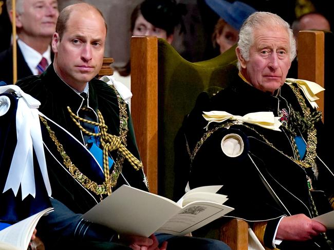 EDINBURGH, SCOTLAND - JULY 05: Prince William, Prince of Wales, known as the Duke of Rothesay while in Scotland and King Charles III attend the National Service of Thanksgiving and Dedication for King Charles III and Queen Camilla, and the presentation of the Honours of Scotland, at St Giles' Cathedral on July 5, 2023 in Edinburgh, Scotland. During the service of thanksgiving and dedication for the Coronation of King Charles III and Queen Camilla, the Honours of Scotland (the Scottish crown jewels) are presented to the new King. The service is based on a similar service held at St Giles' 70 years ago to mark the coronation of Queen Elizabeth II but unlike the 1953 service, the Stone of Destiny, on which ancient Scottish kings were crowned, will be present in the cathedral. (Photo by Jane Barlow - Pool/Getty Images)