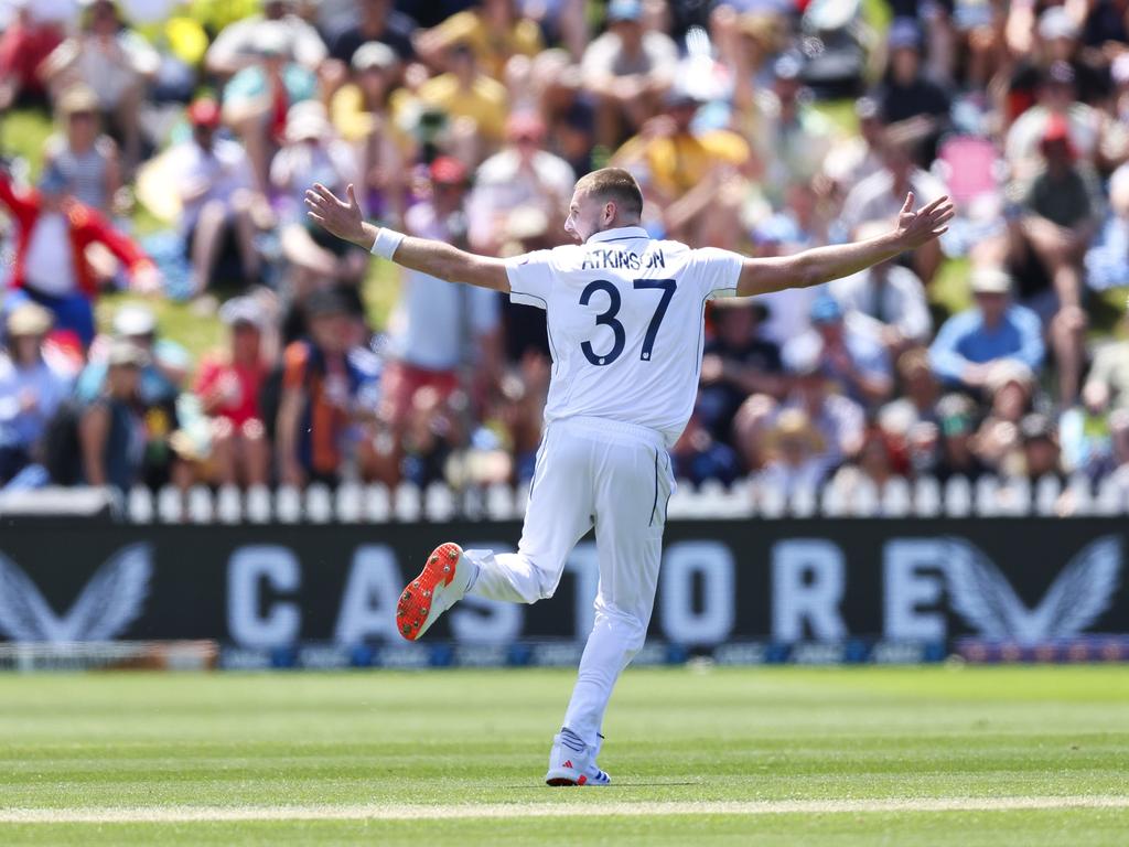 Atkinson wheels away in celebration after sealing his hat-trick. Picture: Getty