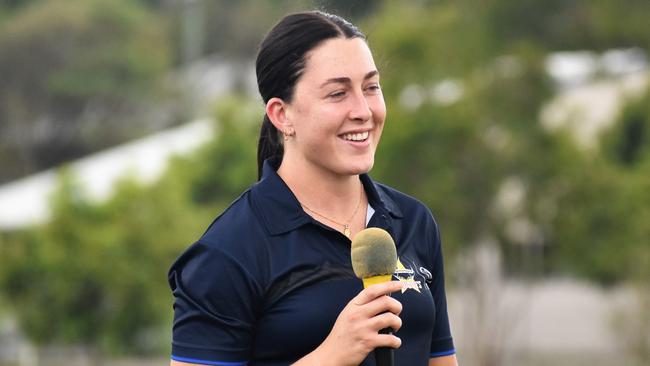 NRWL winner with the Newcastle Nights Romy Teitzel speaking at the Will Murdoch Perpetual Shield in Ingham on Wednesday. Teitzel, from Mission Beach, has worked as a North Queensland Cowboy community-engagement officer for 18 months. The 23-year-old lock gave a good-natured no comment when asked if she would sign for the Cows inaugural NWRL season in 2023. Picture: Cameron Bates