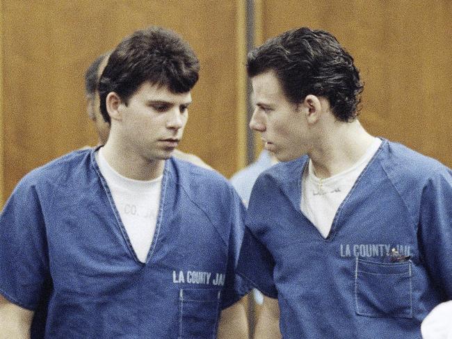 FILE - Lyle, left, and Erik Menendez leave a courtroom in Santa Monica, Calif., Aug. 6, 1990, after a judge ruled that conversations between the brothers and their psychologist after their parents were slain were not privileged and could be used as evidence. (AP Photo/Nick Ut, File)