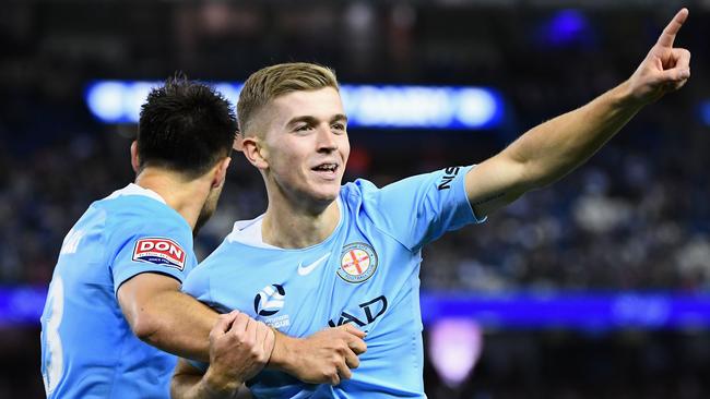 Riley McGree celebrates after scoring the winner against Melbourne Victory.