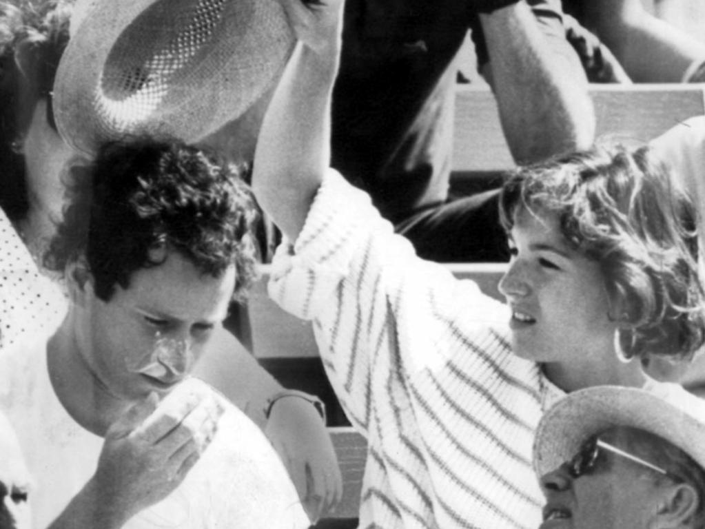 Actor Tatum O'Neal with tennis playing husband John McEnroe at Kooyong in 1985. Picture: Peter Bull