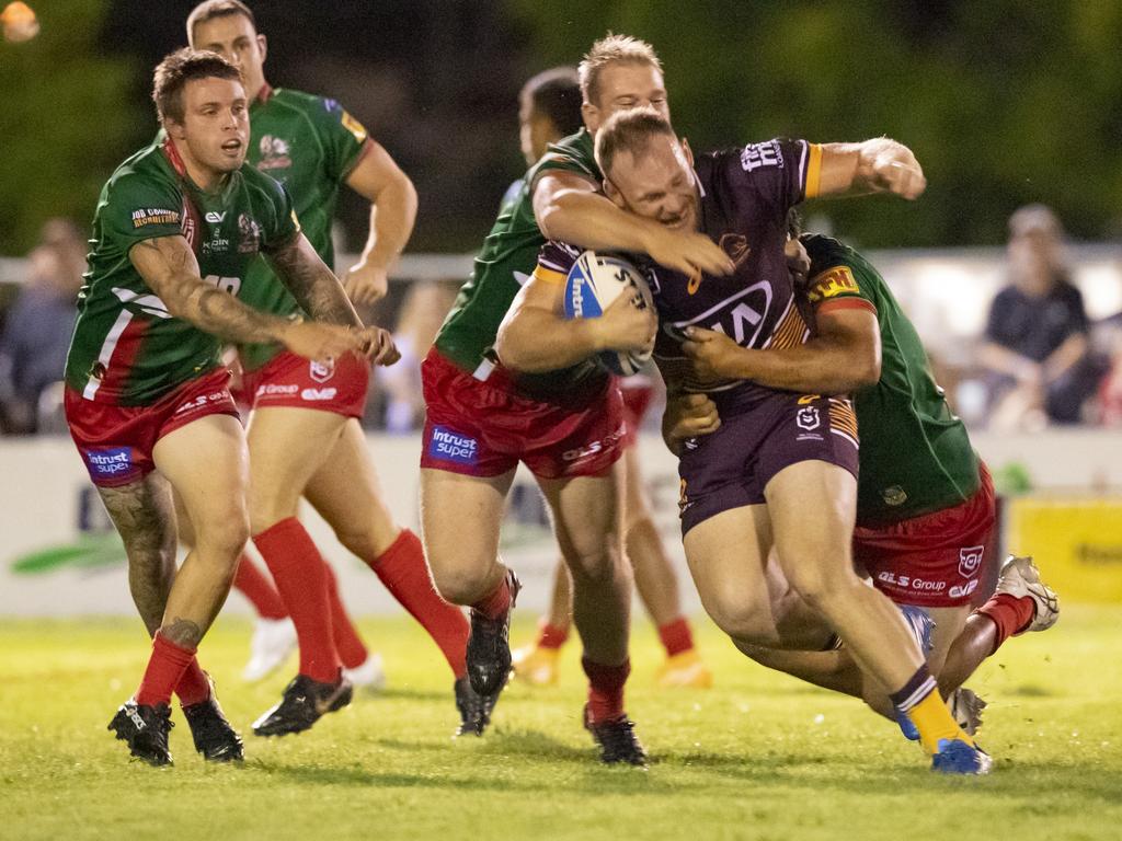 Matt Lodge made some damaging runs for the Broncos in the trial. Picture: Jim O’Reilly