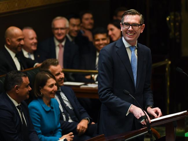 NSW Treasurer Dominic Perrottet was all smiles as he handed down the NSW Budget. Picture: AAP Image/Dean Lewins