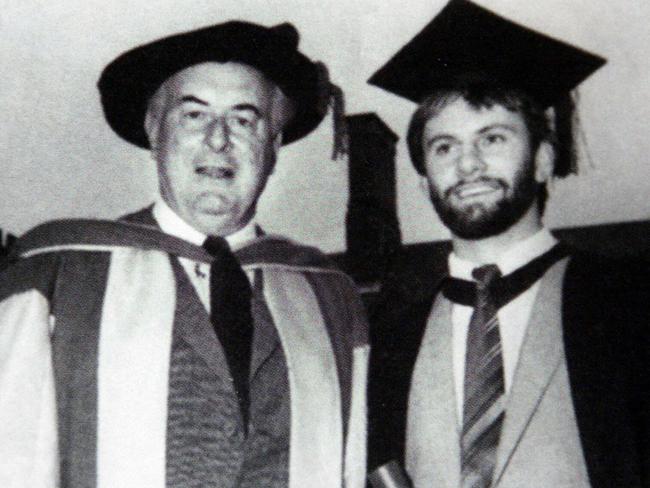 Young Labor member Mark Latham (R) with former prime minister Gough Whitlam after receiving his Bachelor of Economics degree (honours) at Sydney University in 1982.