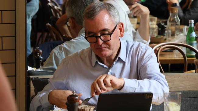 Outgoing Woolworths chief executive Brad Banducci enjoys lunch at a Surry Hills cafe on Wednesday. Picture: Michael Bilbe-Taylor