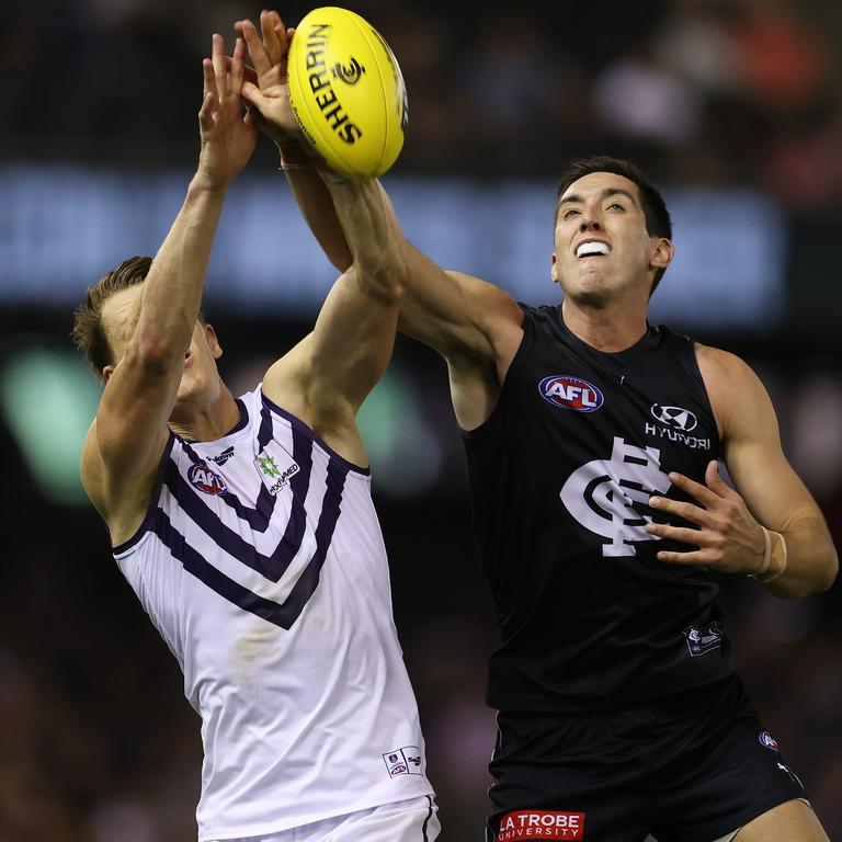 Jacob Weitering (R) was retained in the Carlton leadership group. Picture: Michael Klein