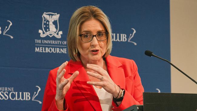 Premier Jacinta Allan speaking at a Melbourne Press Club Lunch on Thursday 24/10/2024. At the lunch, the Premier announced a review into building and planning systems in a bid to fast track and simplify the subdivision process. Picture: Melbourne Press Club