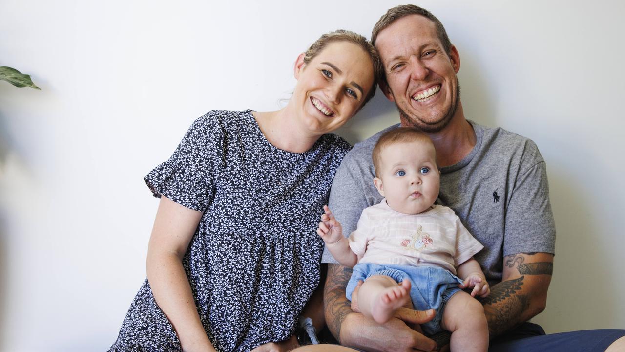 Ferny Hills couple Veronica and Adam French with their six-month-old daughter Polly, who was conceived via IVF. Picture: Lachie Millard