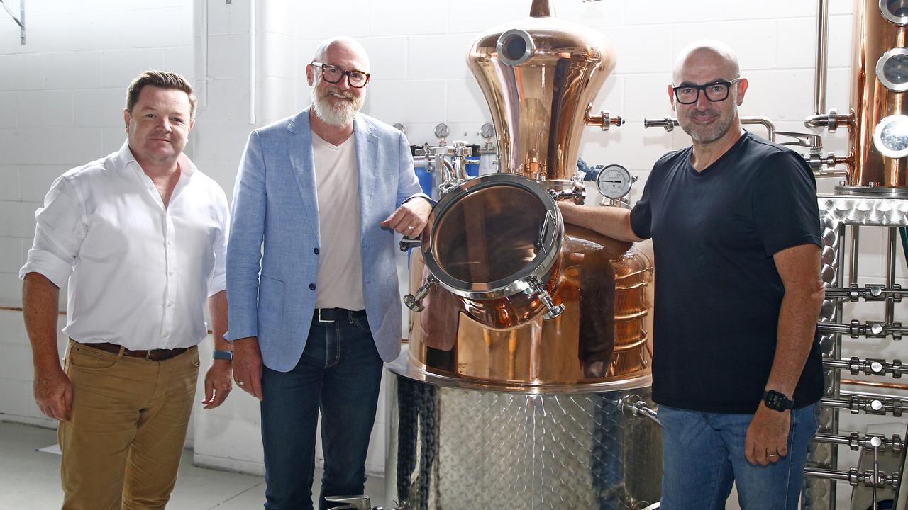 Vapiano Australia co-owners Steve Fleming, Will Cooke and Greg Dunn at the Nosferatu Distillery in Bowen Hills that is scheduled to open in June.