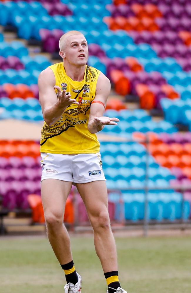 Cooper Dahms had a standout performance for the Nightcliff Tigers against Wanderers in Round 12 of the 2023-24 NTFL season. Picture: Celina Whan / AFLNT Media