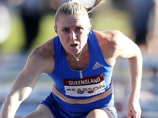 Sally Pearson pictured during the Womens 100m hurdles finals at the 2018 Queensland Open Athletics Championships at Nathan, Brisbane 4th of February 2018.  (AAP Image/Josh Woning)