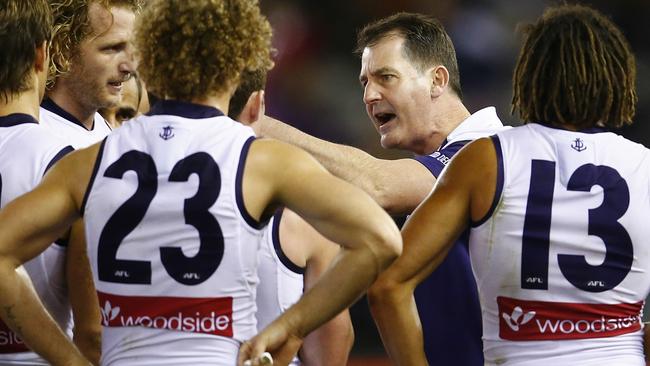 Ross Lyon addresses his players when coaching Fremantle. Picture: Michael Klein