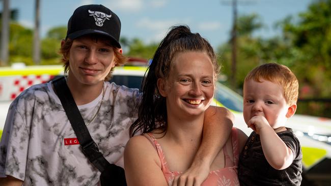 Patrick McLean, 16 months, has made a healthy recovery after a near drowning incident two weeks ago. He is pictured with his uncle Angus Newton and mum Amy Newton. Picture: Che Chorley