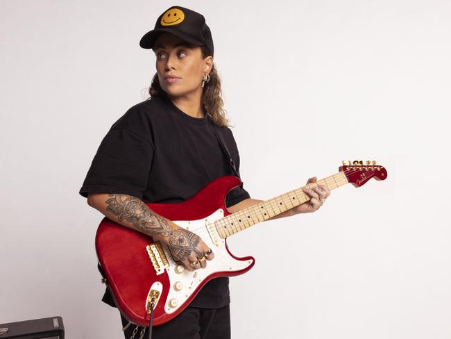 Australian singer, songwriter and guitarist Tash Sultana, pictured with a signature Tash Sultana Stratocaster, ahead of a global campaign to celebrate the 70th anniversary of the iconic Fender Stratocaster electric guitar in 2024. Picture: supplied by Fender