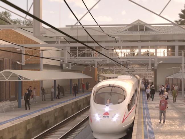 An artist impression shows 3D renderings of a newly proposed high speed rail system at Gosford Station. 