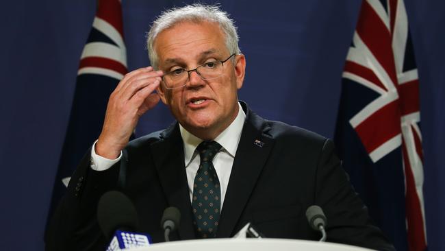 Prime Minister Scott Morrison unveils Australia's response to the crisis in Ukraine from the Commonwealth Parliamentary Offices in Sydney today. Picture: NCA Newswire/ Gaye Gerard