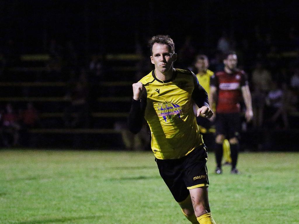 Tiger's Crios O'Hare celebrates scoring a goal in the FNQ Premier League men's match between the Edge Hill Tigers and the Leichhardt Lions, held at Tiger Park, Maunda. Picture: Brendan Radke