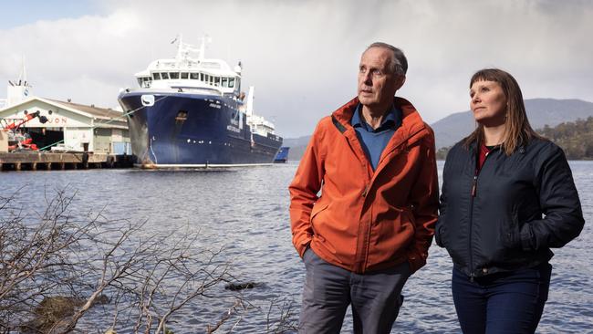 Patron of the Bob Brown Foundation, Bob Brown with BBF Fishfarms and Marine Campaigner Bec Howarth at Port Huon in southern Tasmania where Huon Aquaculture docks its wellboats The Ronja Huon and Ronja Storm. 7/10/2021 photo- Peter Mathew