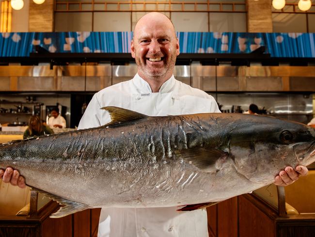 Executive Chef Tony Carroll with a wild Kingfish at Fishbank, the restaurant on October 12, 2020 in Adelaide. Picture Matt Turner.